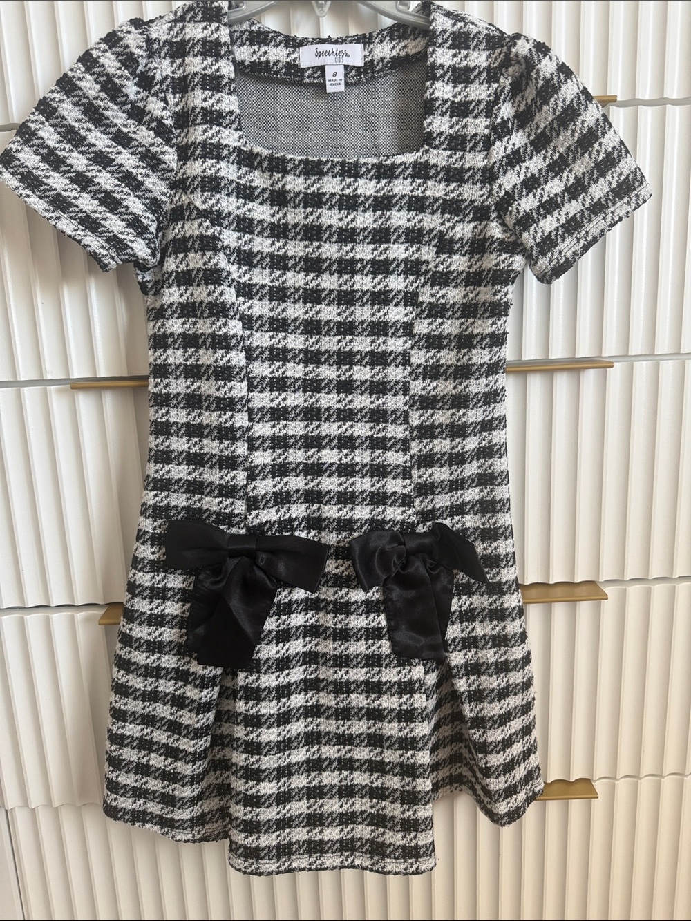 Speechless Black and White Houndstooth Dress with Satin Bows